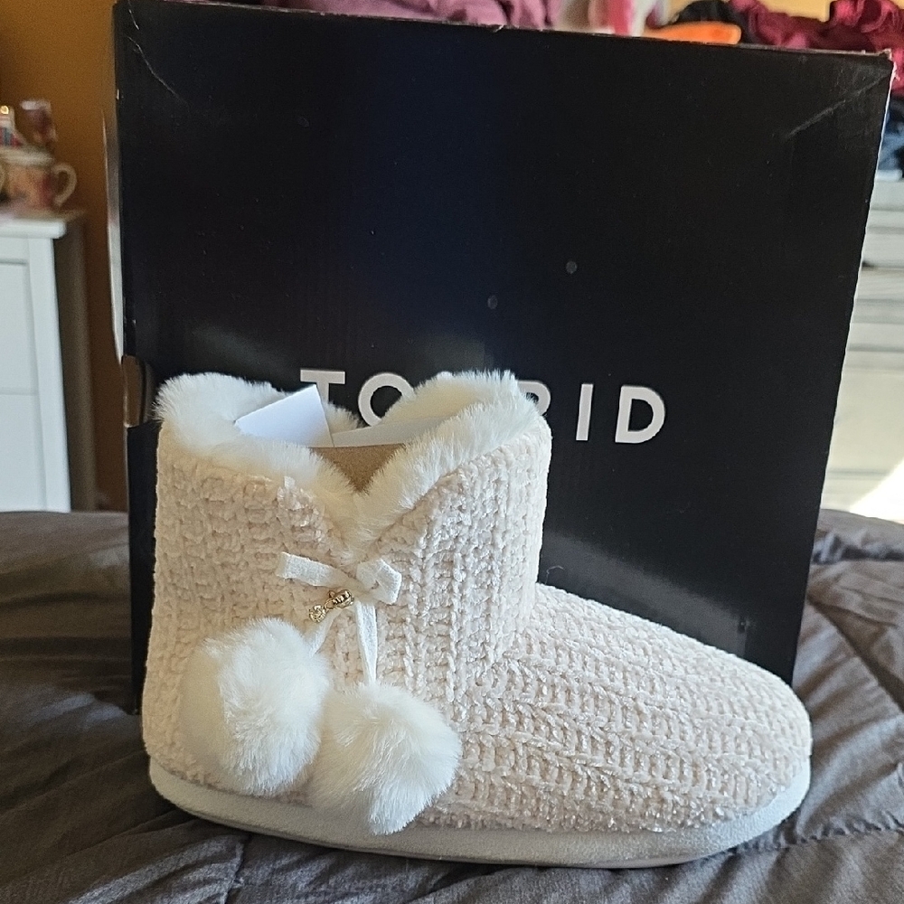 Torrid Cream Ankle Booties with Pom Poms